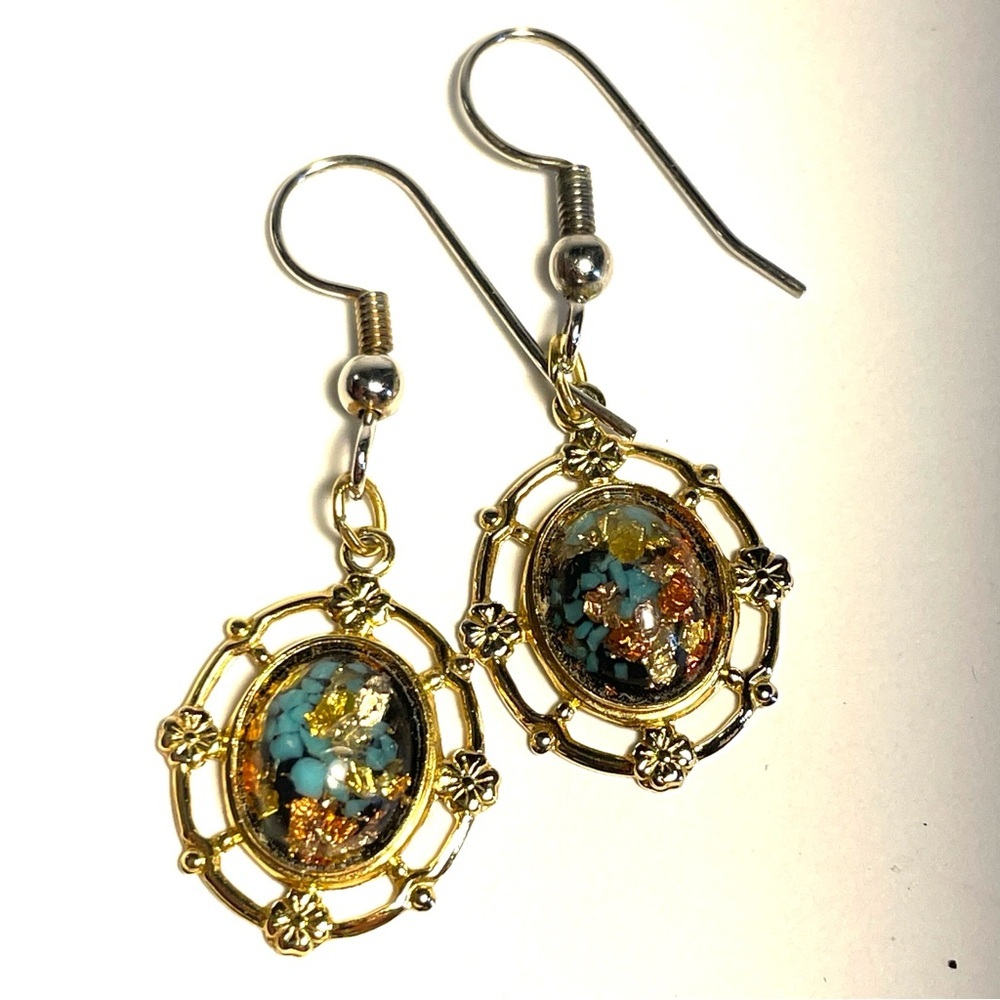 ✨ VTG, Rainbowflake Earrings Pierced Dangles Turquoise Gold Flakes - Picture 9 of 15